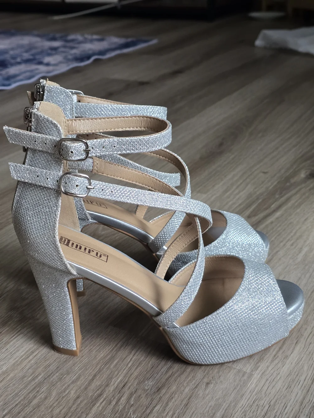 Amazon Silver Glitter Strappy Block Heel Sandals